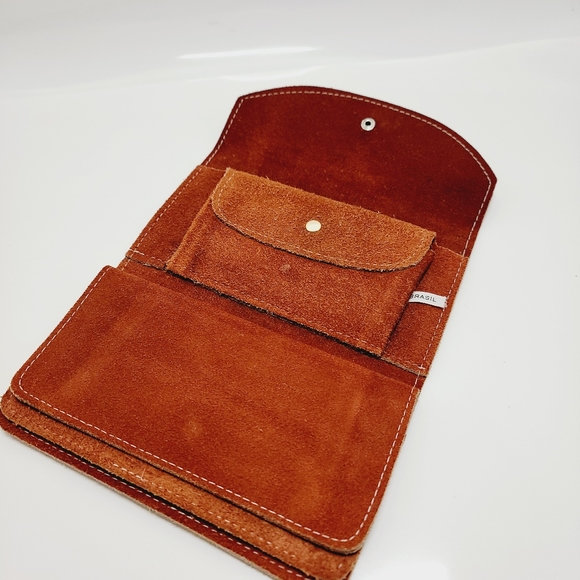 VINTAGE 70's Brasil Brown Suede Wallet CHECKBOOK HOLDER Snap Closure 7"×4"×1" - Picture 3 of 16